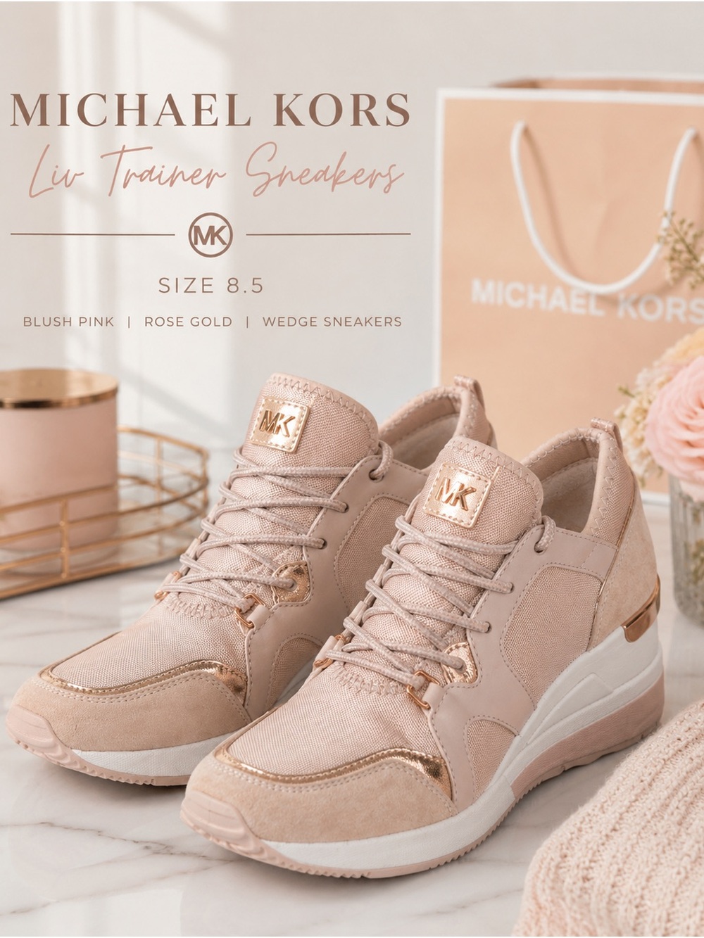 Michael Kors Liv Trainer Sneakers Blush Pink Rose Gold Wedge 8.5